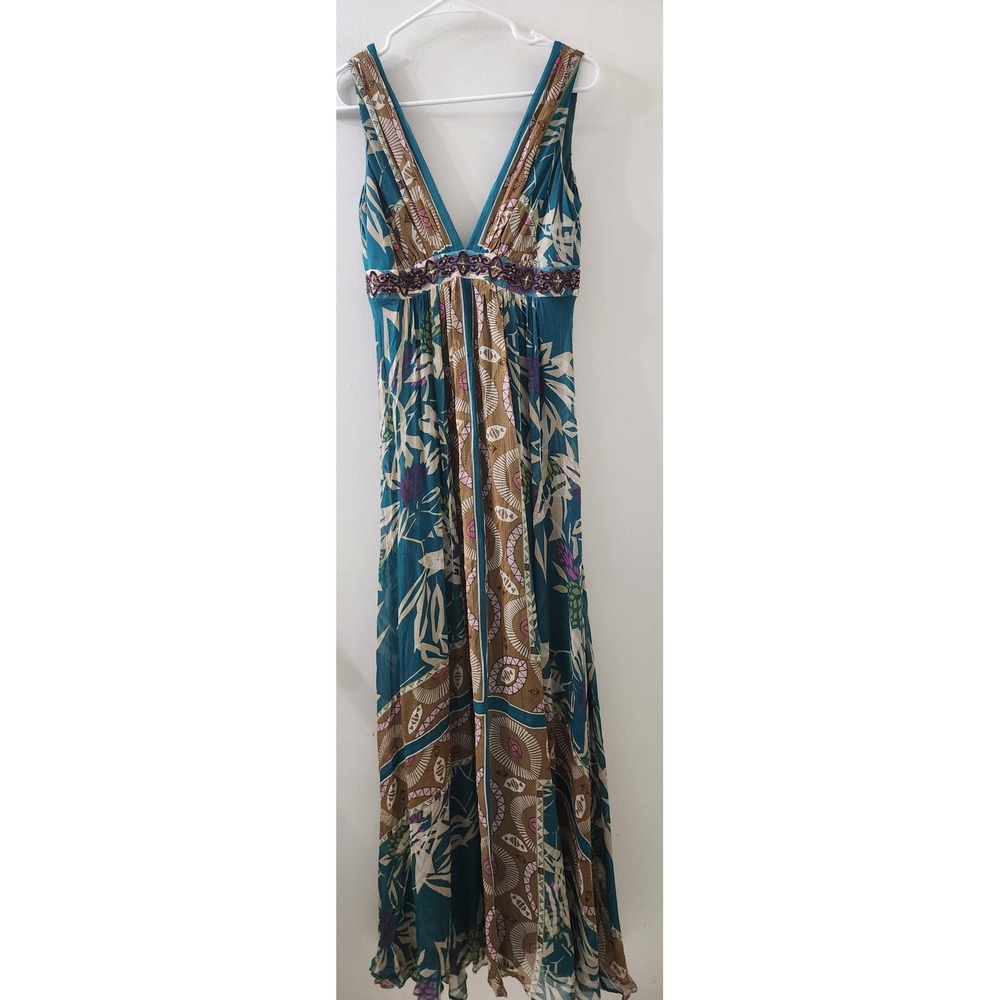 Nicole Miller Studio Silk Maxi Dress Teal Floral Beaded Empire Waist Size 0